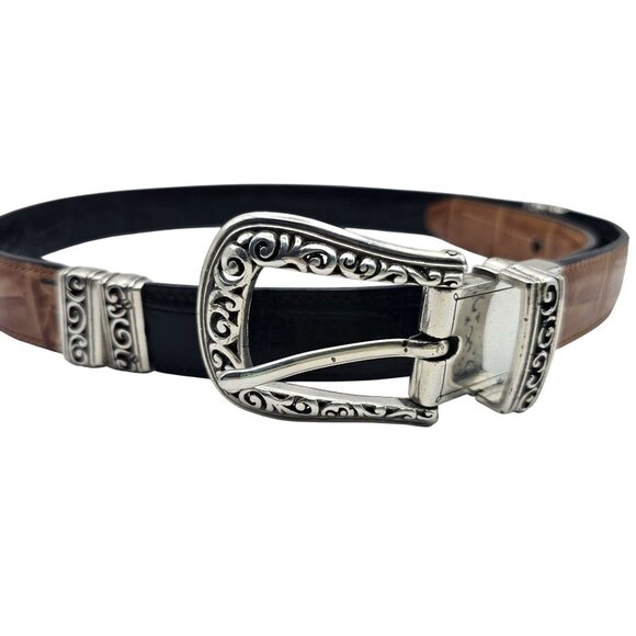 Brighton M Reversible Brown Black Croc-Embossed Leather Belt Silver Buckle - Picture 1 of 11